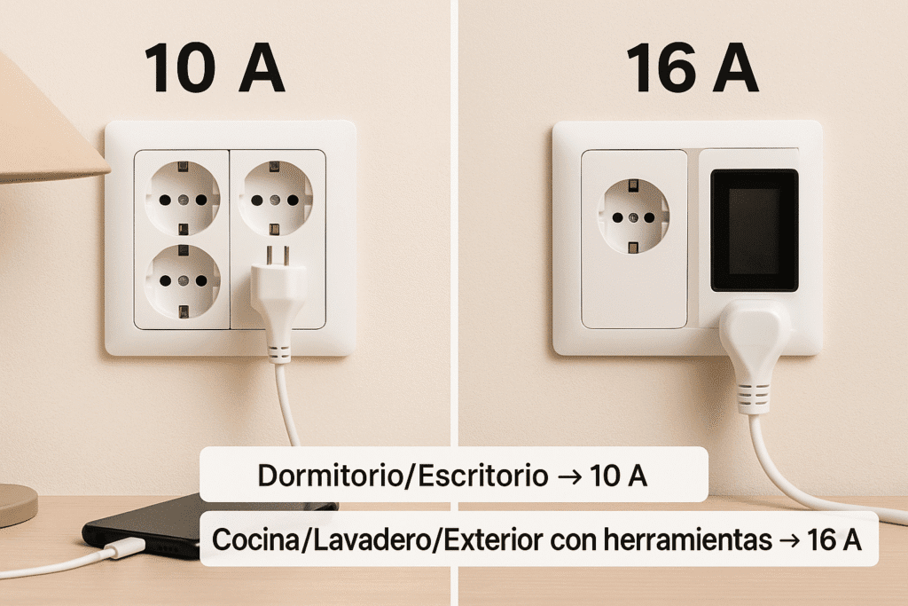 Comparación real lado a lado: a la izquierda, enchufe doble rotulado "10 A" con lámpara y cargador conectados; a la derecha, toma individual rotulada "16 A" preparada para electrodoméstico potente. Barra inferior con texto: "Dormitorio/Escritorio → 10 A | Cocina/Lavadero/Exterior (herramientas) → 16 A"