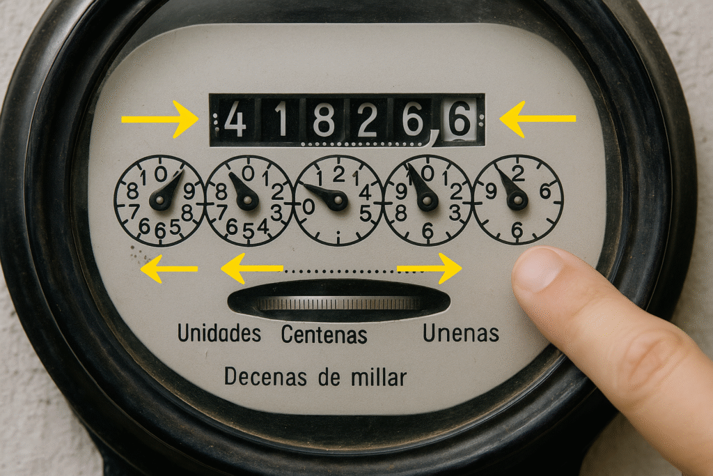 Anatomía del medidor con diales (ruletas izquierdaderecha)