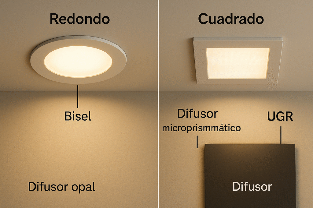 Aro y acabado redondocuadrado, bisel, difusor y UGR (en simple)