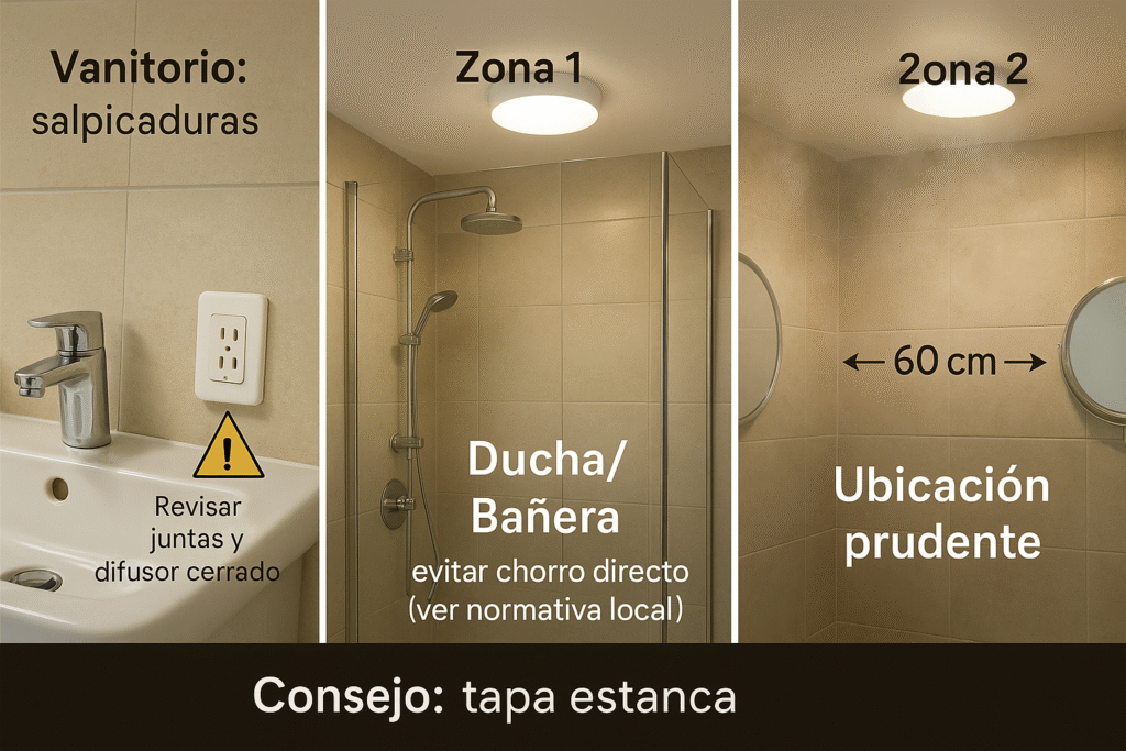 En baños, el riesgo no es solo el agua: el vapor y la condensación entran por juntas mal cerradas y hacen disparar el diferencial. Mi criterio práctico: