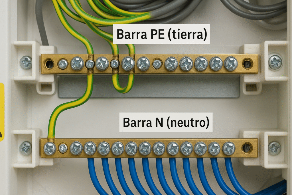 Barras PE (tierra) y N (neutro) función, ubicación y buenas prácticas