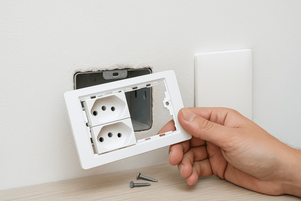 Primer plano real: mano con guantes encajando un bastidor metálico sobre caja 2×4 empotrada; dos módulos de toma se fijan al bastidor y la placa blanca espera al costado con sus tornillos.
