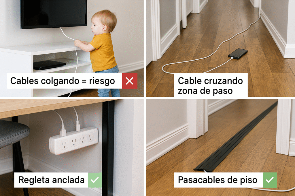 Los tirones y tropiezos por cables sueltos son una de las causas más comunes de incidentes con niños. El objetivo es elevar los puntos de conexión y fijar el recorrido de los cables para que no queden “lazos” al alcance.