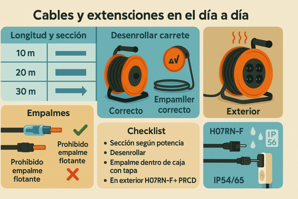 Cables y extensiones en el día a día: longitud, carretes y empalmes que no fallan