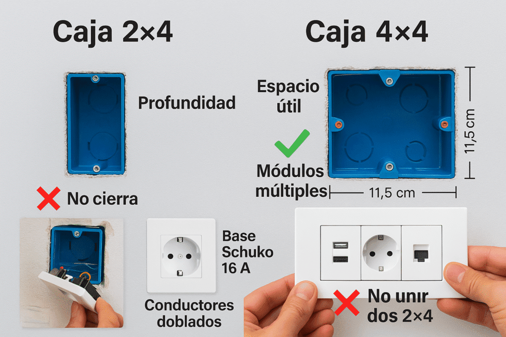 Las cajas 2×4 y 4×4 determinan qué bastidores y placas puedes usar y cuánto espacio queda para conductores, empalmes y mecanismos. Elegir la caja correcta evita placas que no cierran, marcos que quedan torcidos y puntos que calientan por falta de espacio.