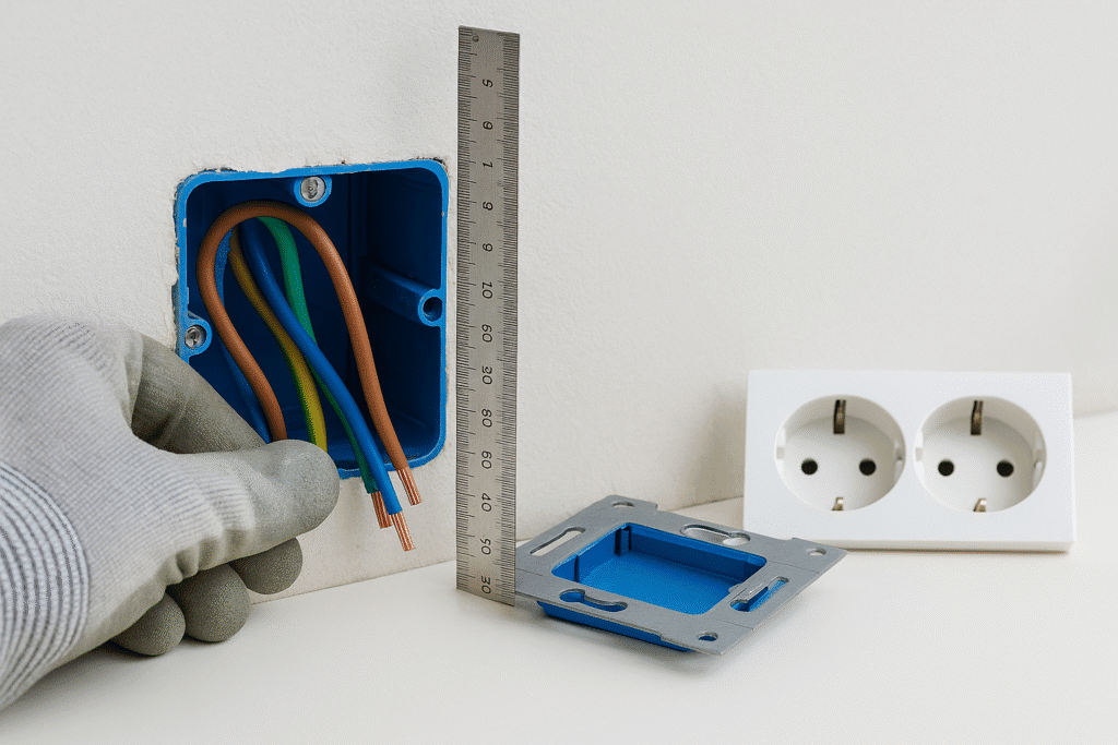 Caja de embutir 2×4 empotrada en pared blanca; mano con guante midiendo la profundidad con una regla metálica (~50–60 mm) mientras se ven conductores 2,5 mm² (fase, neutro y tierra) ordenados con holgura dentro de la caja.