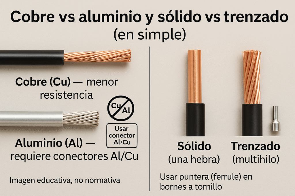 Cobre vs aluminio y sólido vs trenzado (en simple)