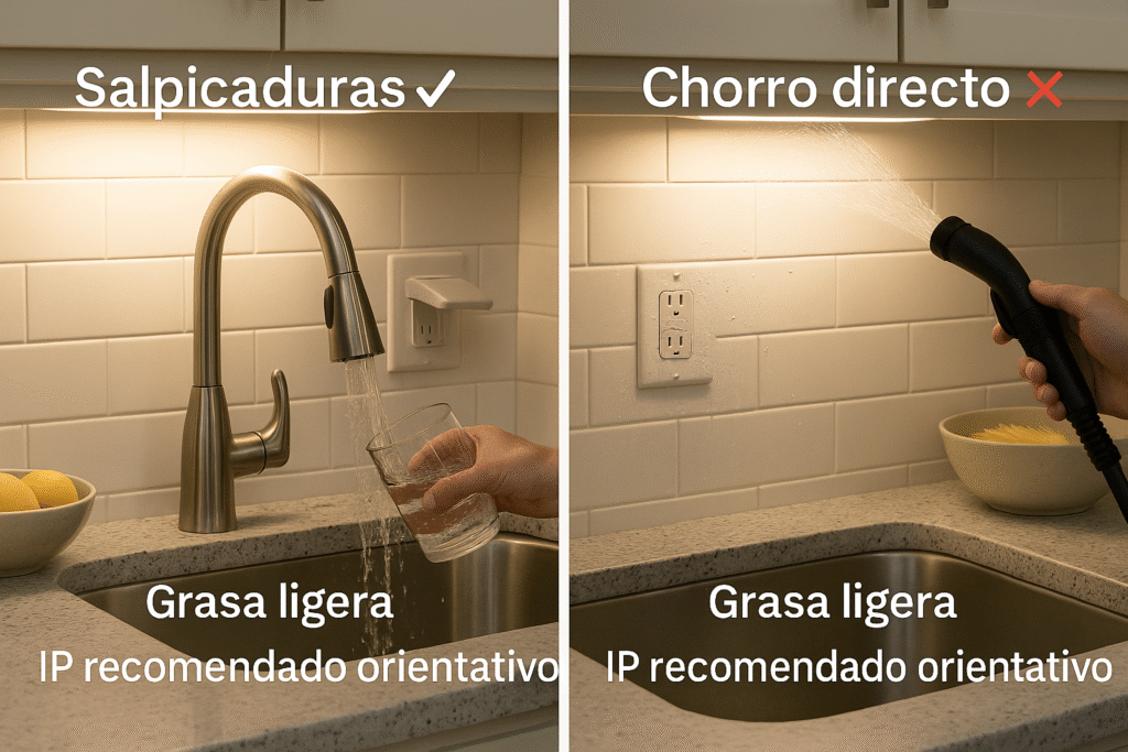 En cocina el problema es agua + grasa + calor. No todo requiere “IP de exterior”: elige según distancia a la fuente y modo de limpieza.
