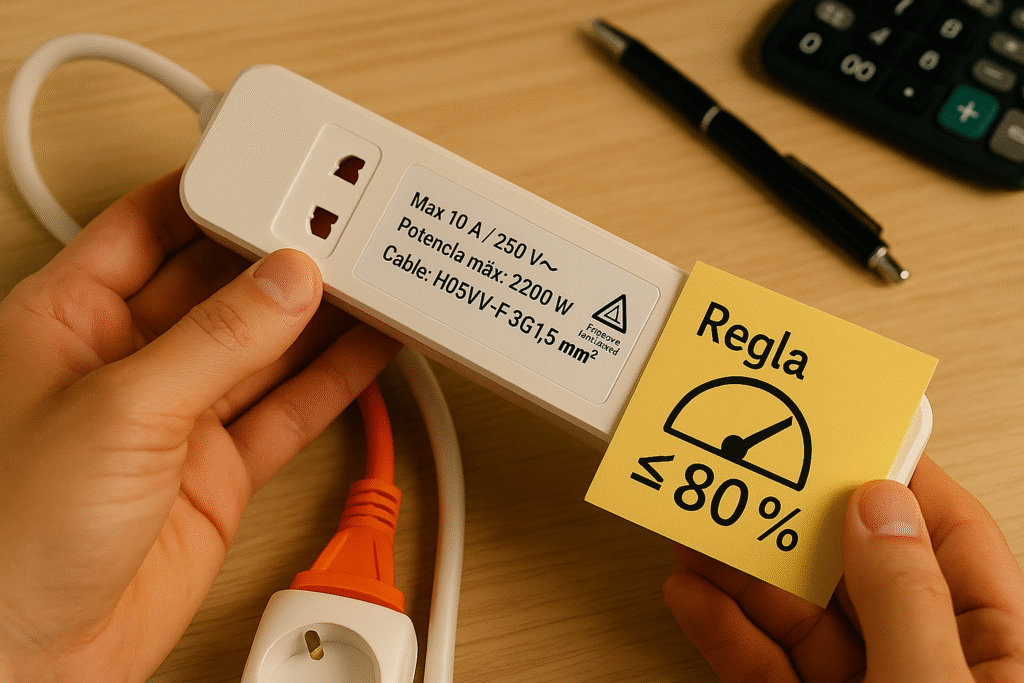 Cómo leer la etiqueta de tu regleta y del alargador (AW, sección de cable, sello) + regla del 80 %
