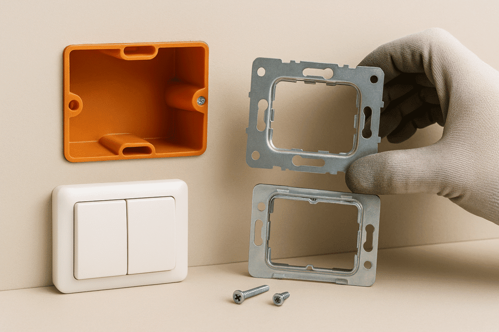 Componentes y compatibilidades (caja 2×4, bastidor y placa doble)