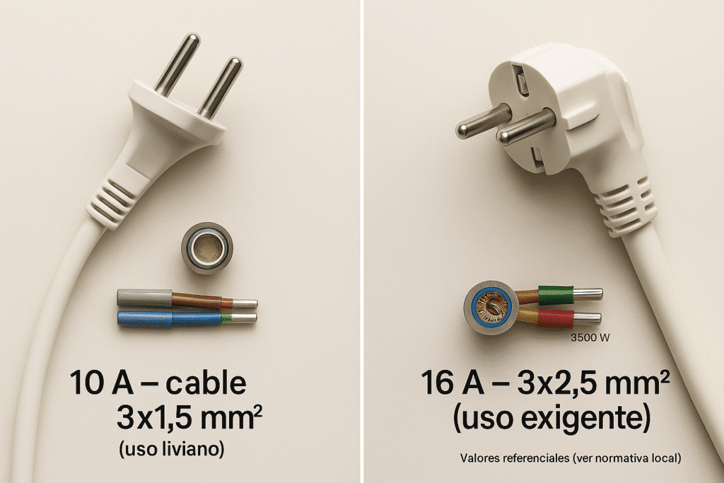 Corriente nominal y cable 10 A vs 16 A, 3×1,5 mm² vs 3×2,5 mm²