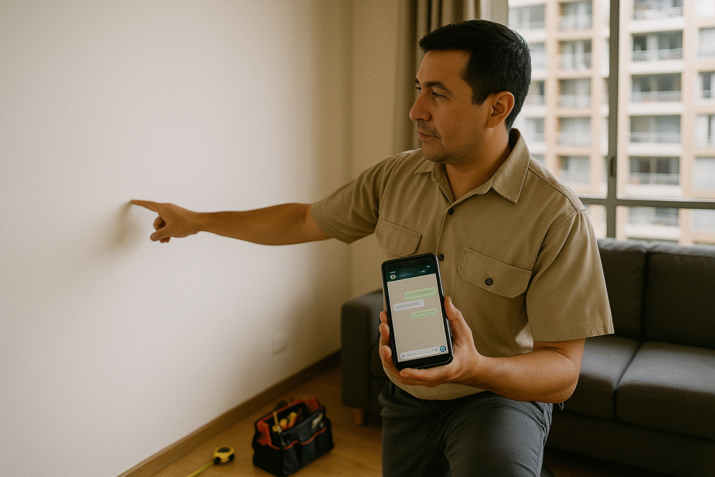 Electricista en Santiago mostrando WhatsApp en su teléfono mientras toma medidas en un living; herramientas y canaleta sobre la mesa, listo para cotización rápida de nuevos puntos.