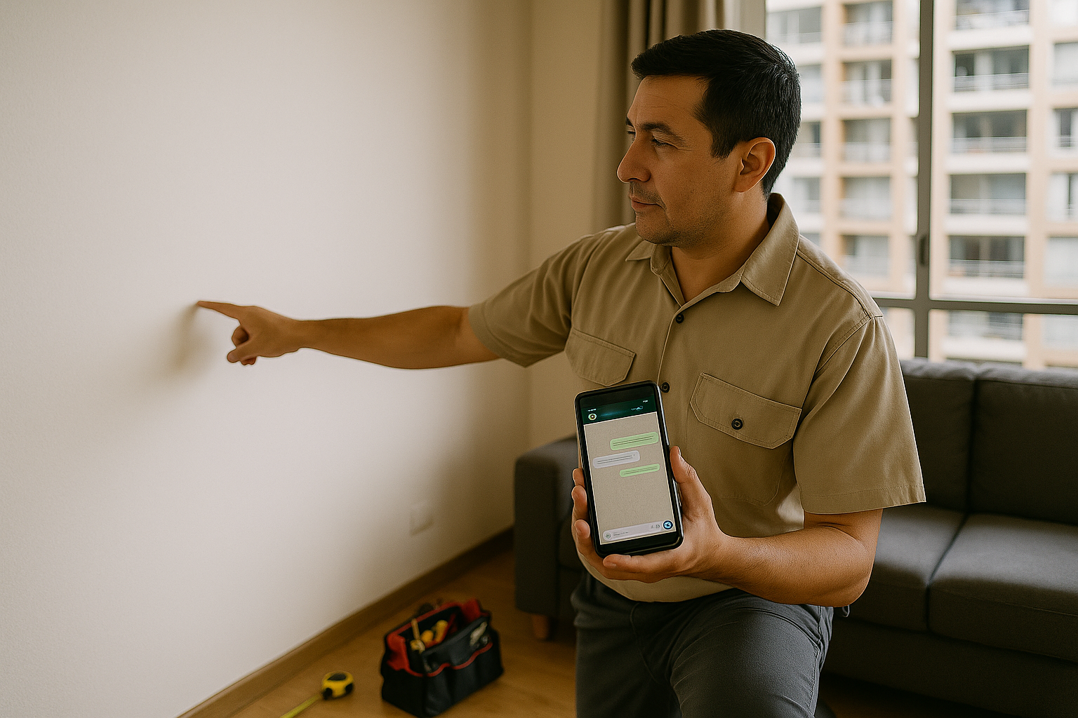 Electricista en Santiago mostrando WhatsApp en su teléfono mientras toma medidas en un living; herramientas y canaleta sobre la mesa, listo para cotización rápida de nuevos puntos.
