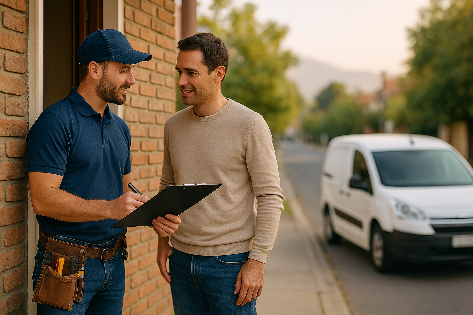 Electricista conversando con vecino para una cotización, con furgón de servicio al fondo en una calle residencial de Santiago.