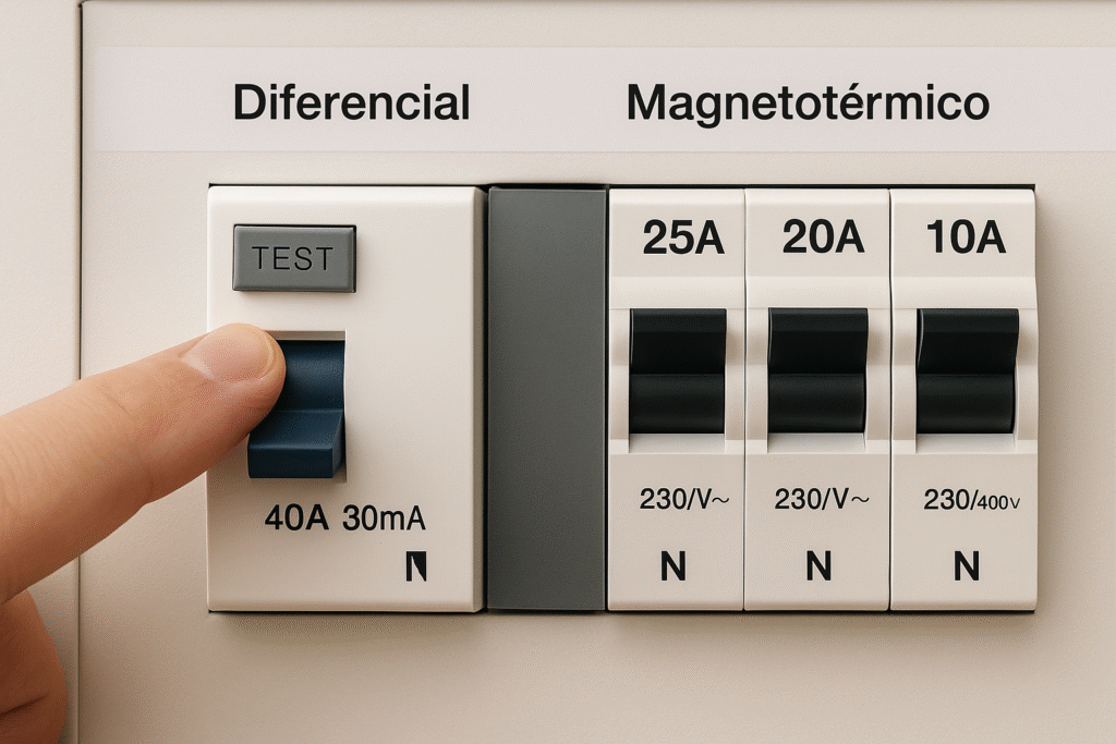 Primer plano de tablero doméstico con mano presionando el botón TEST del diferencial junto a magnetotérmicos rotulados.