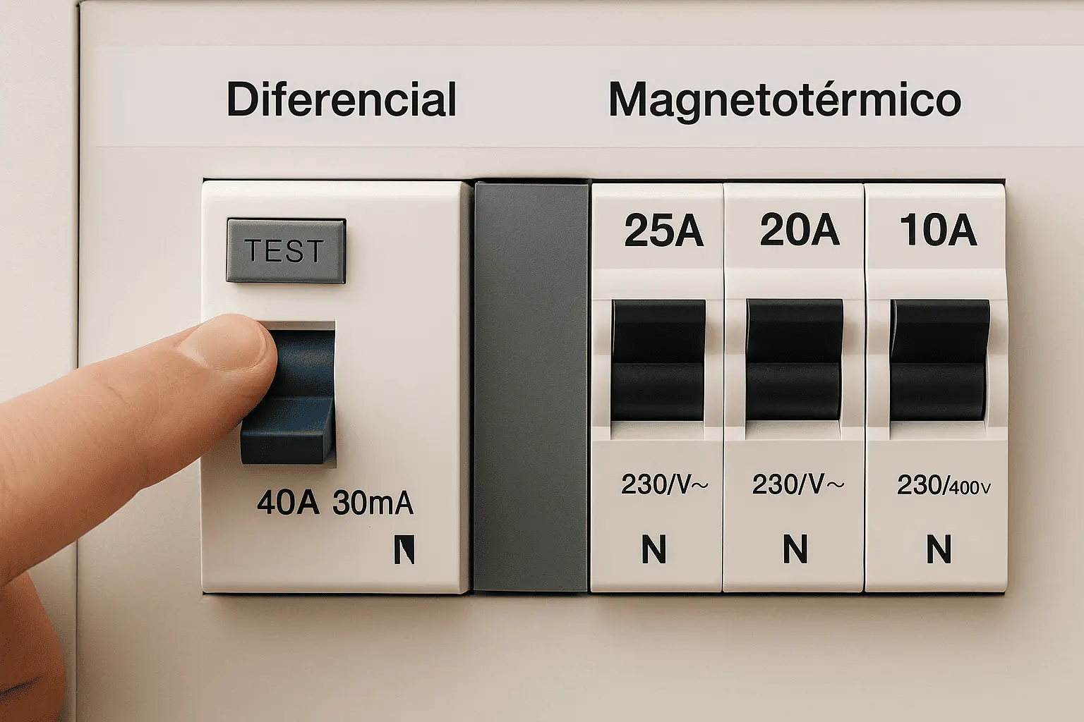 Primer plano de tablero doméstico con mano presionando el botón TEST del diferencial junto a magnetotérmicos rotulados.