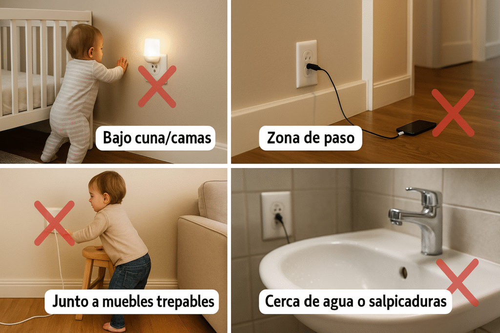 Evita puntos donde el niño ve el enchufe y pueda alcanzarlo al gatear o jugar. No coloques regletas bajo la cama ni detrás de la cuna: son difíciles de vigilar y favorecen el tirón de cables.