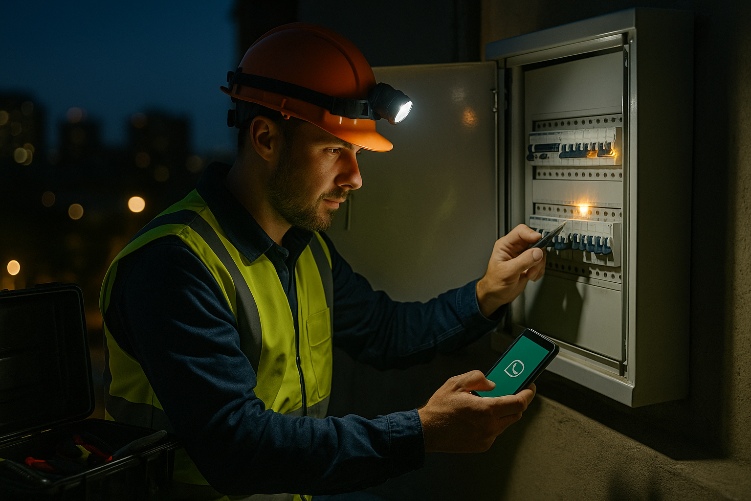 Electricista de emergencia 24/7 revisando un tablero eléctrico doméstico con herramientas y guantes de seguridad.