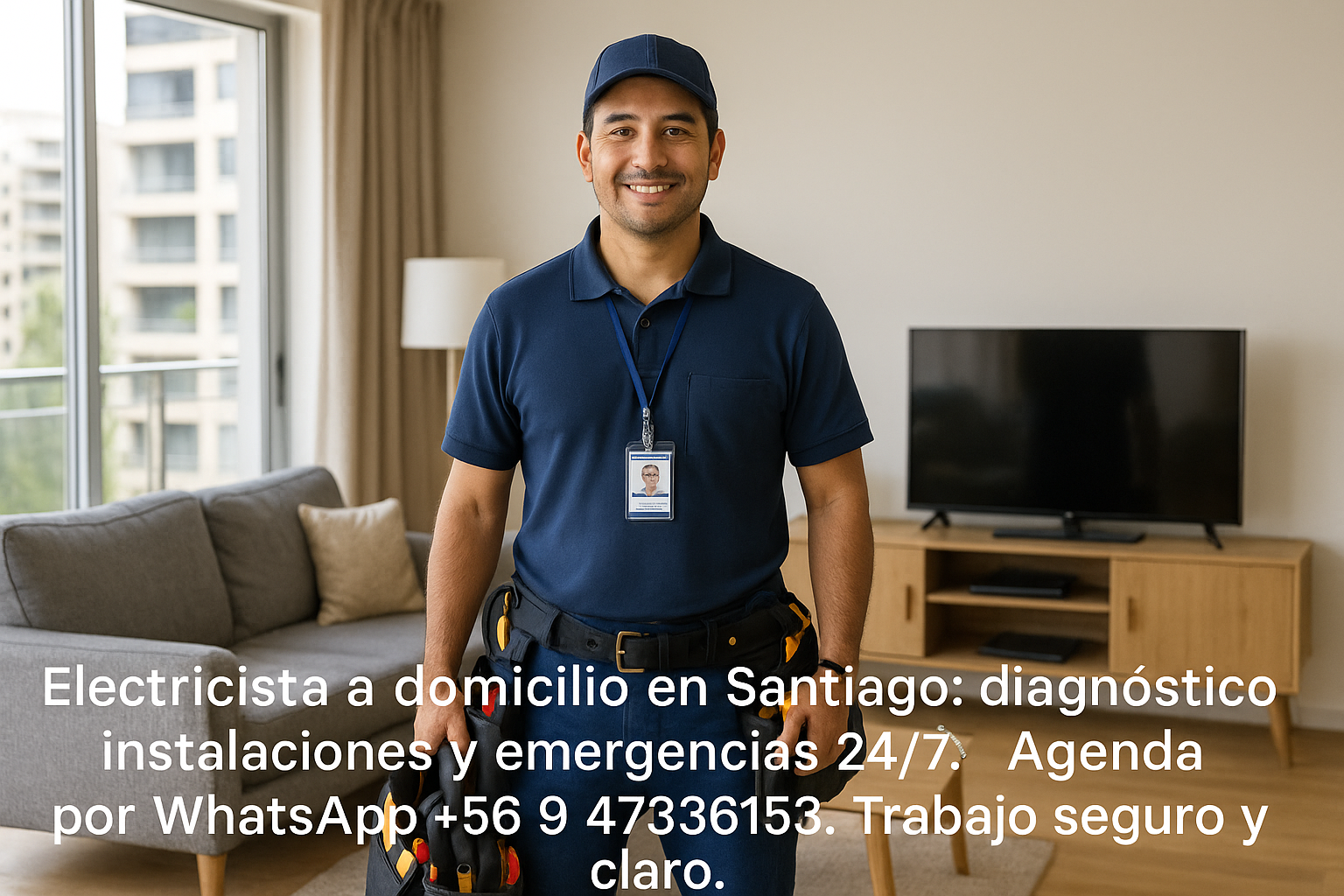 Electricista a domicilio en Santiago dentro de un departamento, con credencial y herramientas, listo para atender una visita.