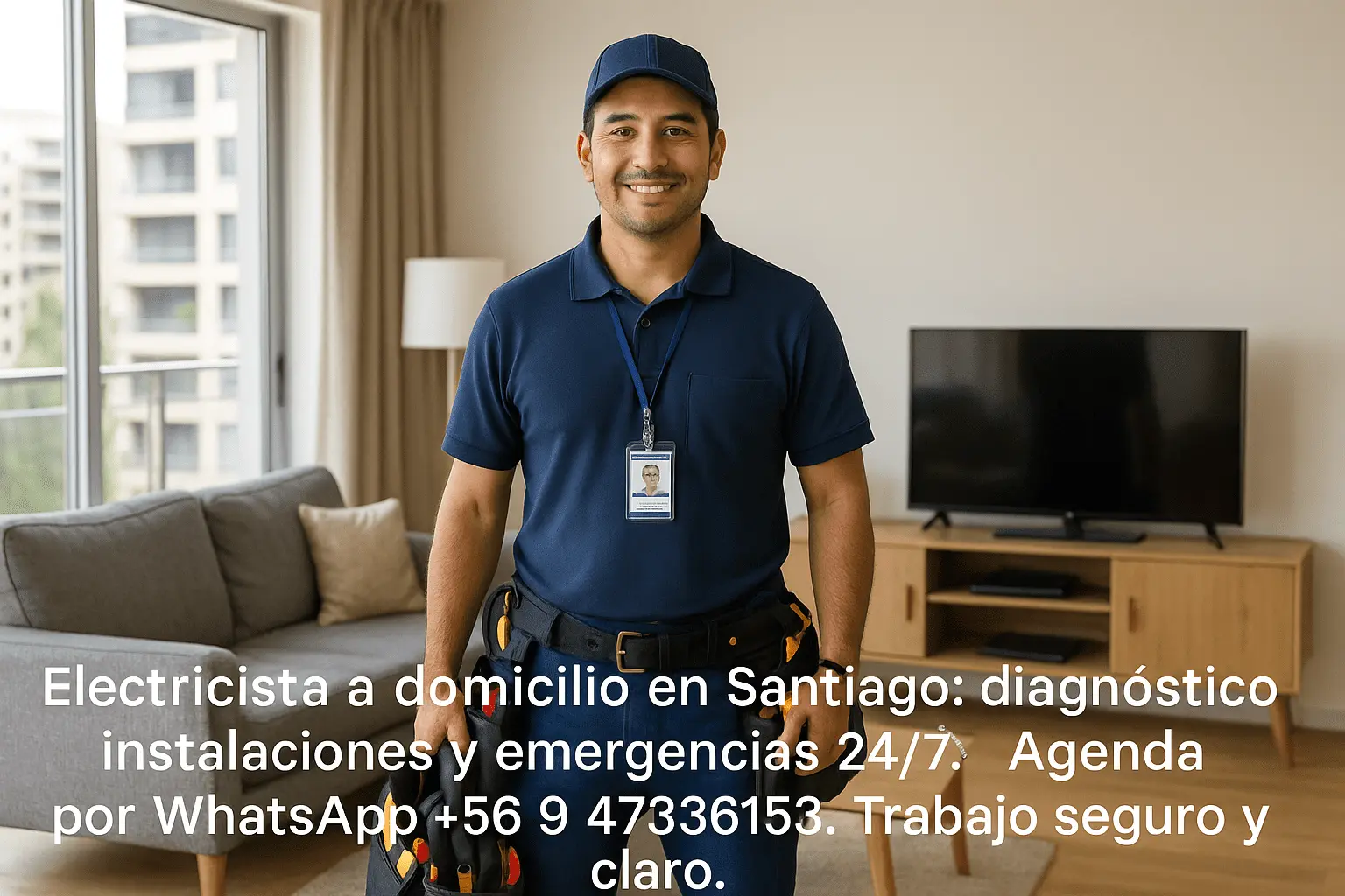 Electricista a domicilio en Santiago dentro de un departamento, con credencial y herramientas, listo para atender una visita.