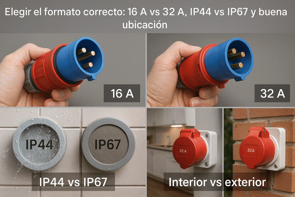 Elegir el formato correcto 16 A vs 32 A, IP44 vs IP67 y buena ubicación