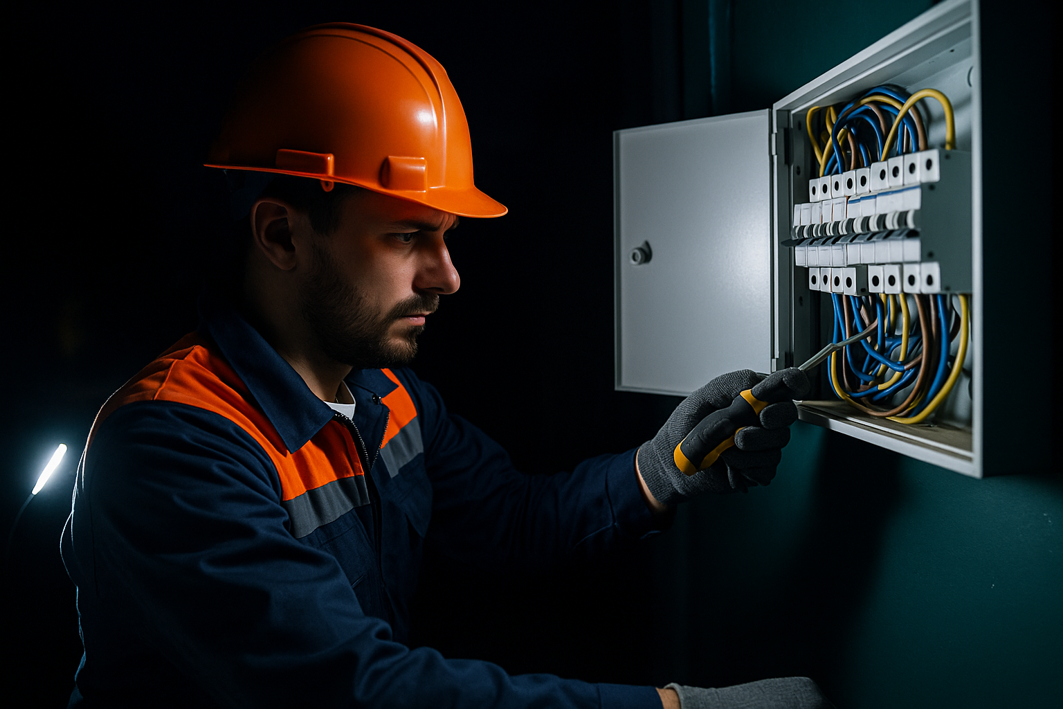Técnico electricista atendiendo emergencia nocturna en tablero residencial en Santiago.