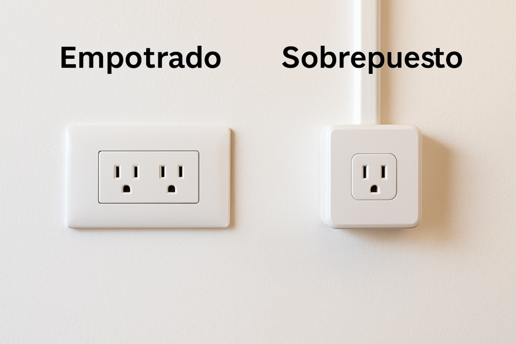 Comparación real: a la izquierda, enchufe empotrado al ras en caja 2×4 con placa blanca; a la derecha, toma sobrepuesta en caja de superficie con canaleta vista; pared blanca e iluminación cálida.