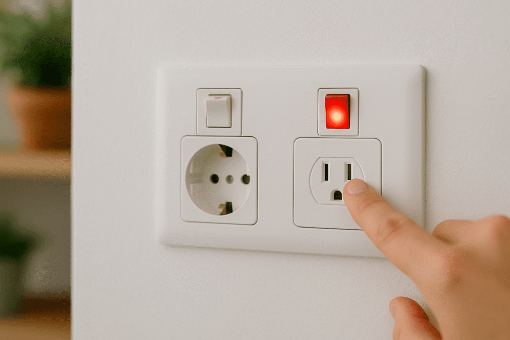 Primer plano de un enchufe con interruptor en muro blanco; una mano acciona el switch con testigo rojo mientras una lámpara está conectada, en un living de Santiago.