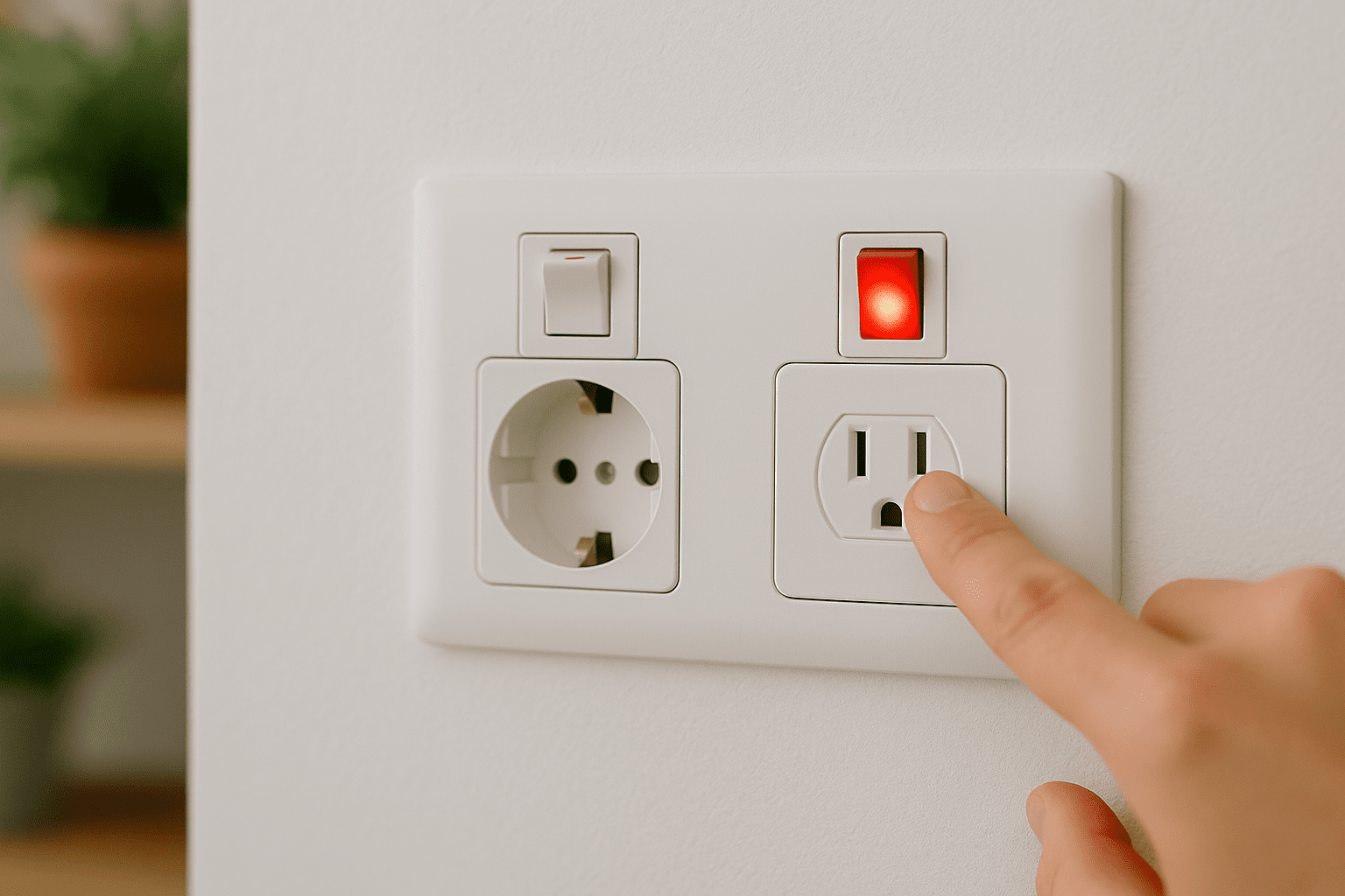 Primer plano de un enchufe con interruptor en muro blanco; una mano acciona el switch con testigo rojo mientras una lámpara está conectada, en un living de Santiago.