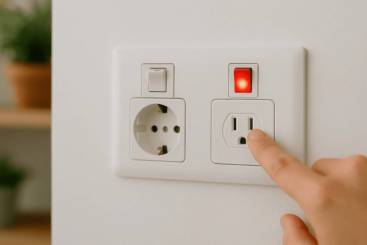 Primer plano de un enchufe con interruptor en muro blanco; una mano acciona el switch con testigo rojo mientras una lámpara está conectada, en un living de Santiago.