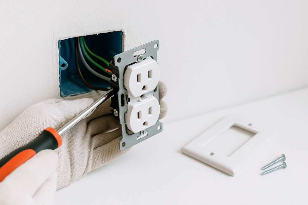 Instalación real de enchufe doble empotrado en caja 2×4, técnico ajustando bastidor con destornillador; cables 2,5 mm² ordenados y placa lista.