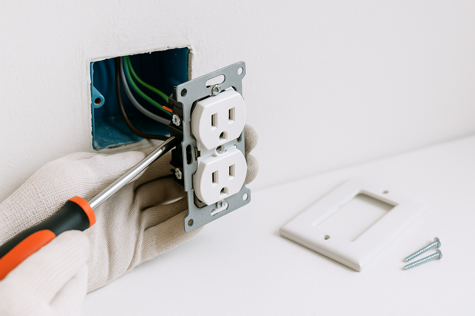 Instalación real de enchufe doble empotrado en caja 2×4, técnico ajustando bastidor con destornillador; cables 2,5 mm² ordenados y placa lista.