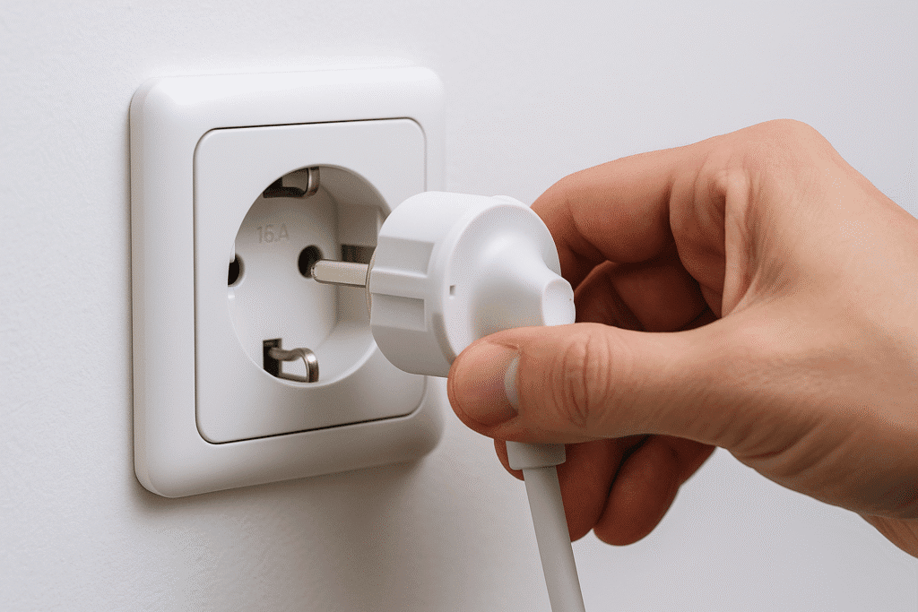 Primer plano de toma Schuko Tipo F (16 A) con mano insertando clavija CEE 7/7; se aprecian los clips laterales de tierra en la base, pared interior blanca.