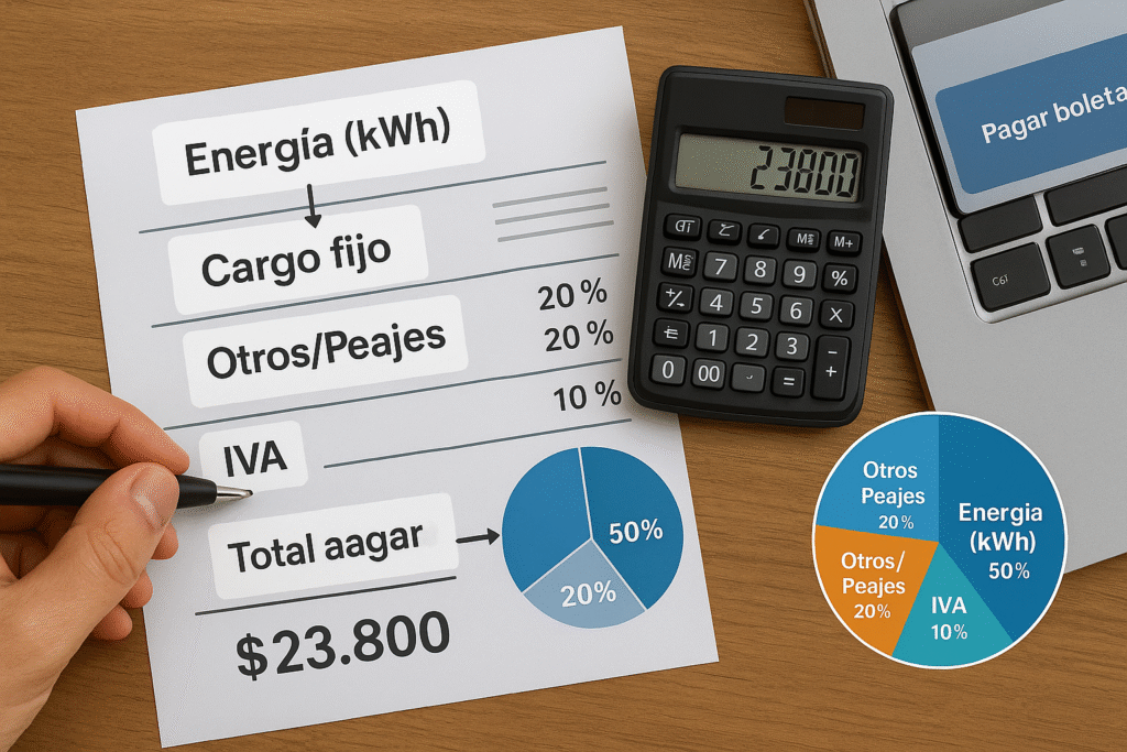 Entender los cargos de boleta de luz CGE: energía (kWh), cargo fijo, otros/peajes e IVA