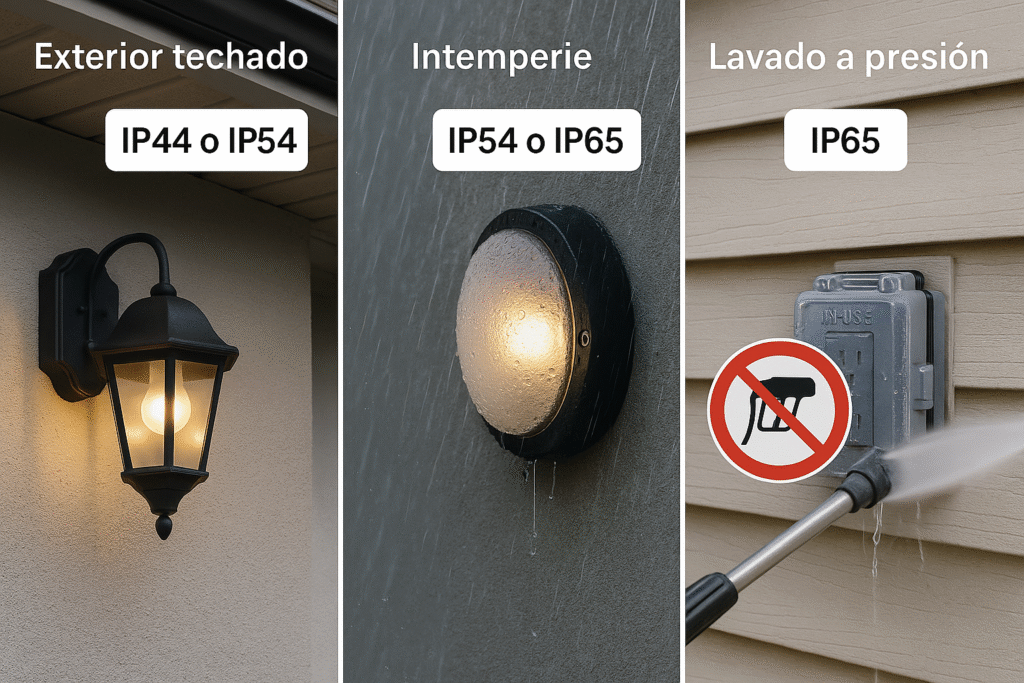 Exterior techado, intemperie y lavado a presión cuándo subir a IP54 o IP65