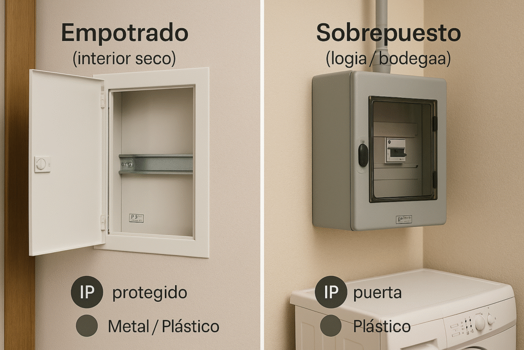Gabinete/envolvente: empotrado o sobrepuesto, materiales y protección básica