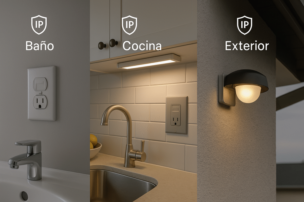 Collage real: baño con toma estanca, cocina con luz bajo mueble y toma protegida, y aplique exterior bajo alero; etiquetas “Baño”, “Cocina”, “Exterior”.