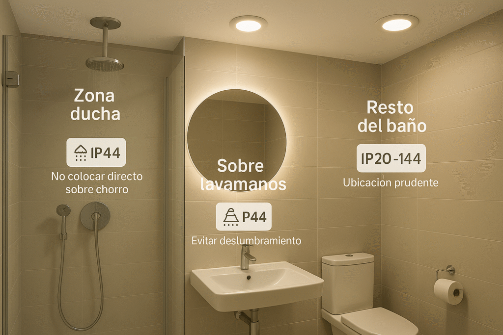 IP y baño zonas, salpicaduras y ubicación prudente