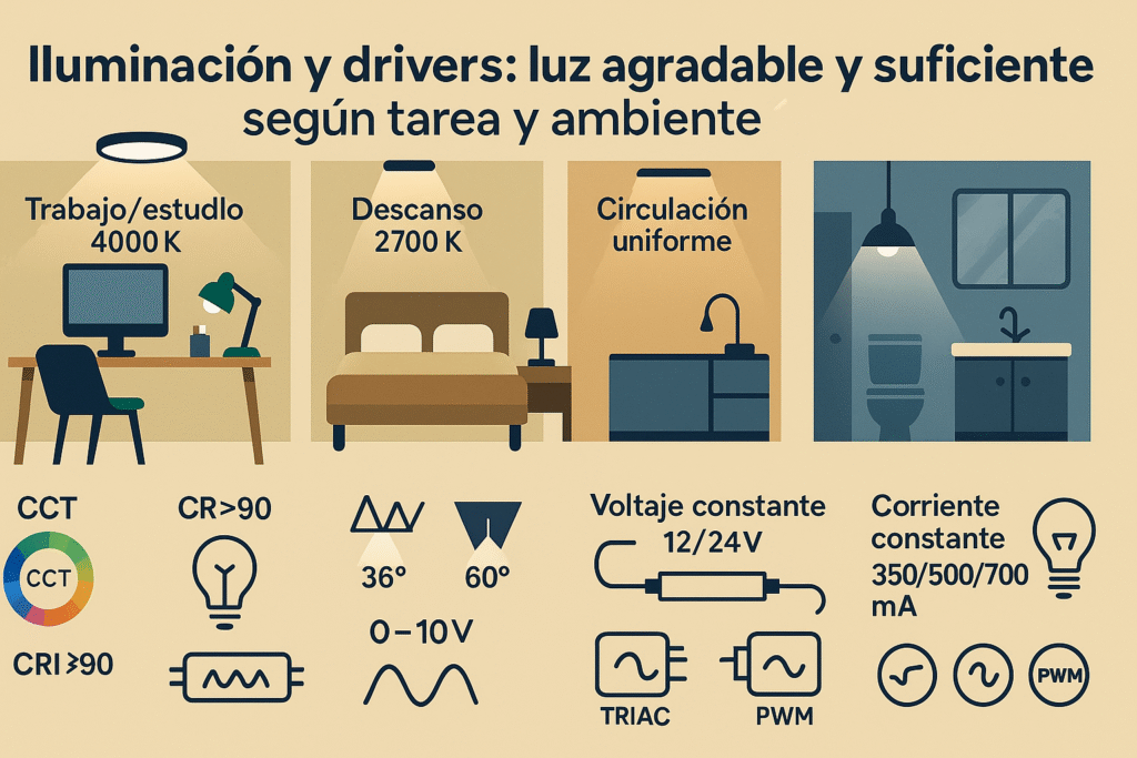 Iluminación y drivers: luz agradable y suficiente según tarea y ambiente