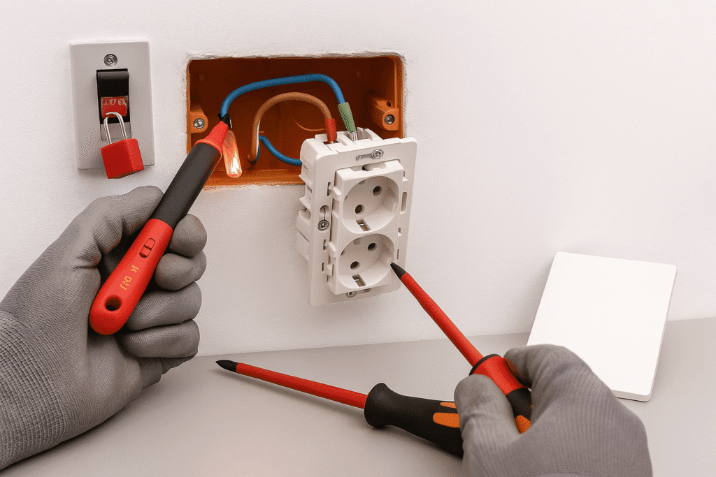 Primer plano real y horizontal: técnico con guantes verifica ausencia de tensión con un detector sin contacto junto a una caja 2×4 empotrada; conductores marrón/azul/verde‑amarillo (2,5 mm²) ordenados, destornillador aislado y placa del enchufe doble lista para montar