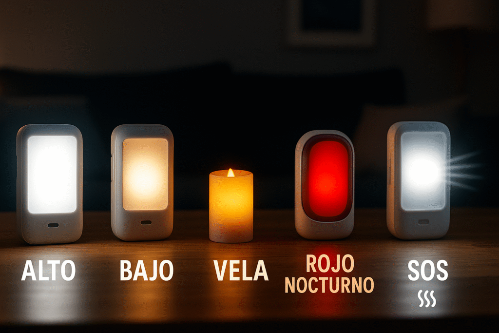 Modos de luz de emergencia LED que importan alto, bajo, vela, rojo nocturno y “SOS”