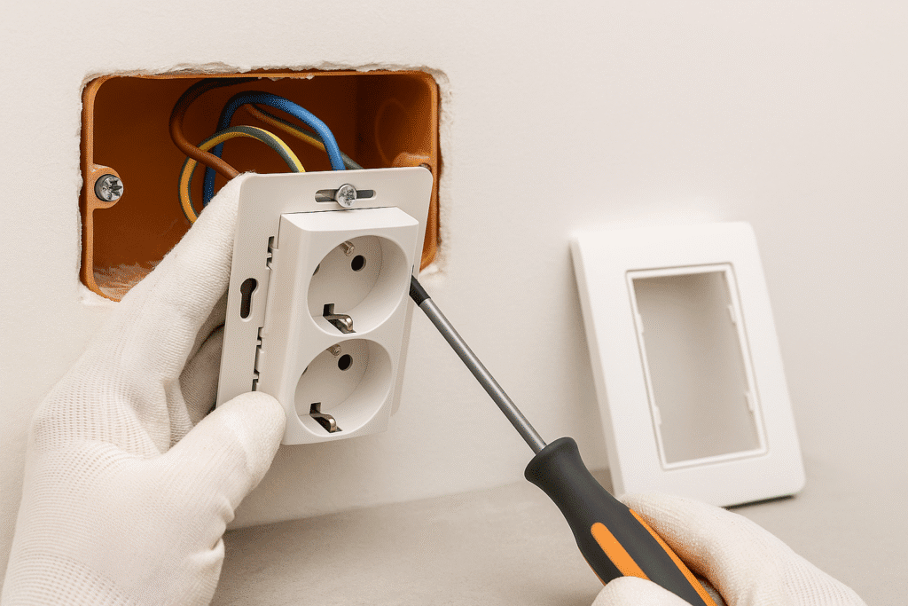 Primer plano real y horizontal: técnico con guantes presenta el conjunto de enchufe doble frente a una caja 2×4 empotrada; se ven conductores marrón/azul/verde‑amarillo (2,5 mm²) ordenados, bastidor alineado y la placa blanca a un costado, sin instrucciones ni texto en la imagen.