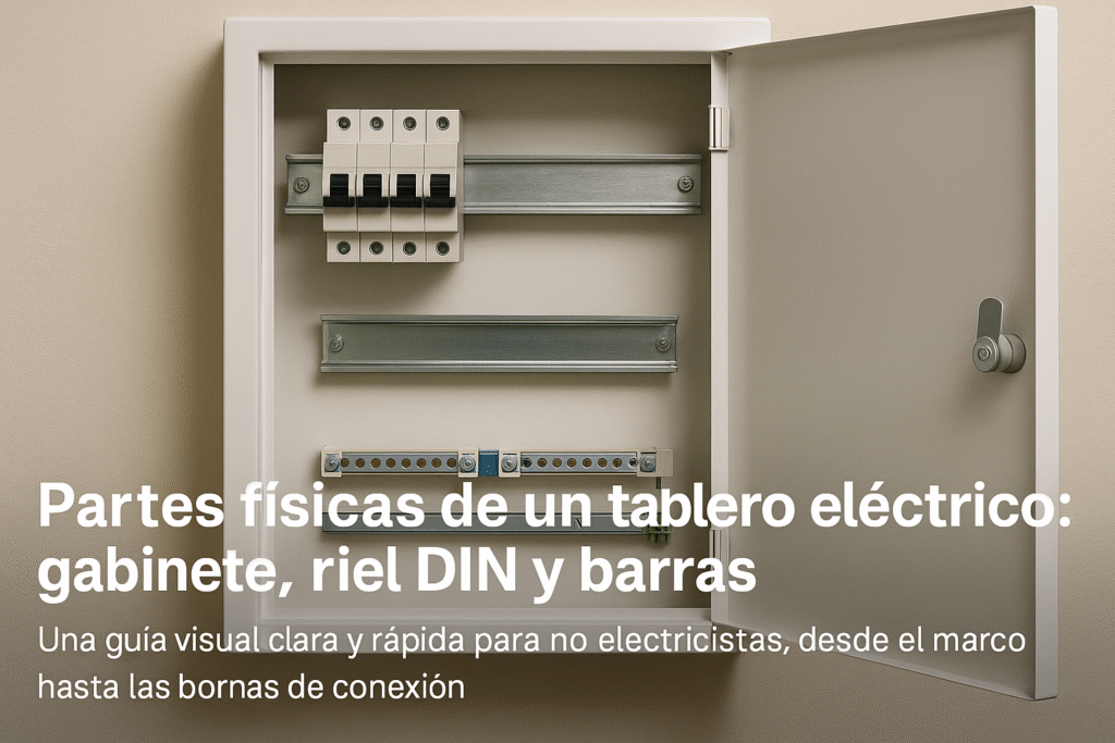 Partes físicas de un tablero eléctrico gabinete, riel DIN y barras