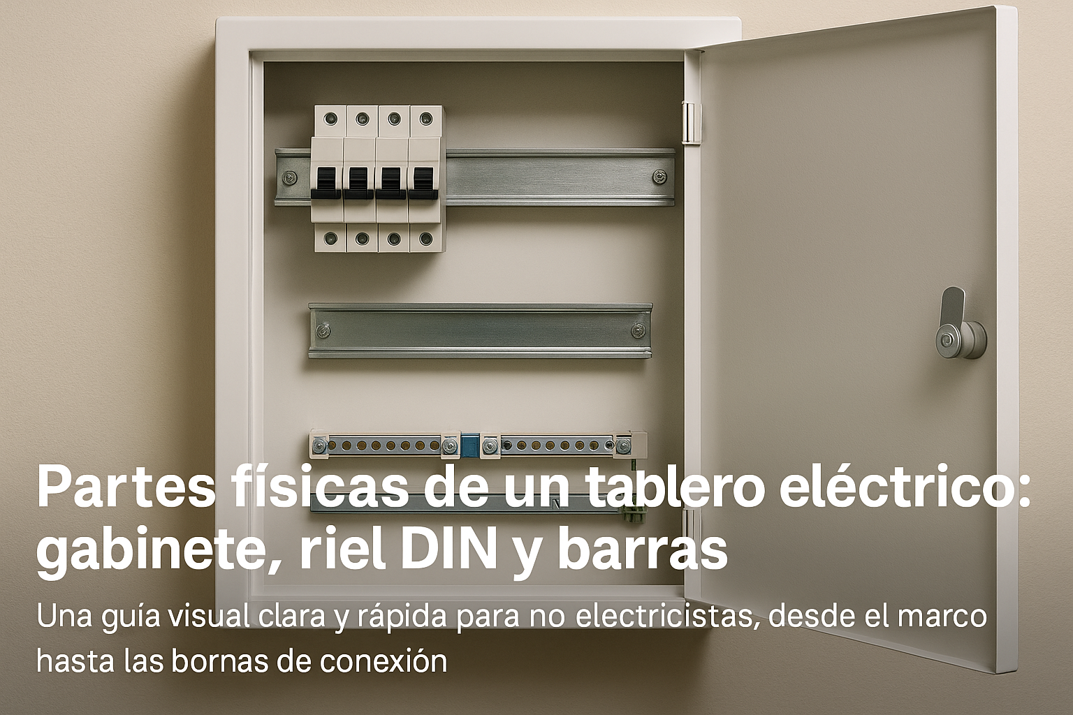 Partes físicas de un tablero eléctrico gabinete, riel DIN y barras