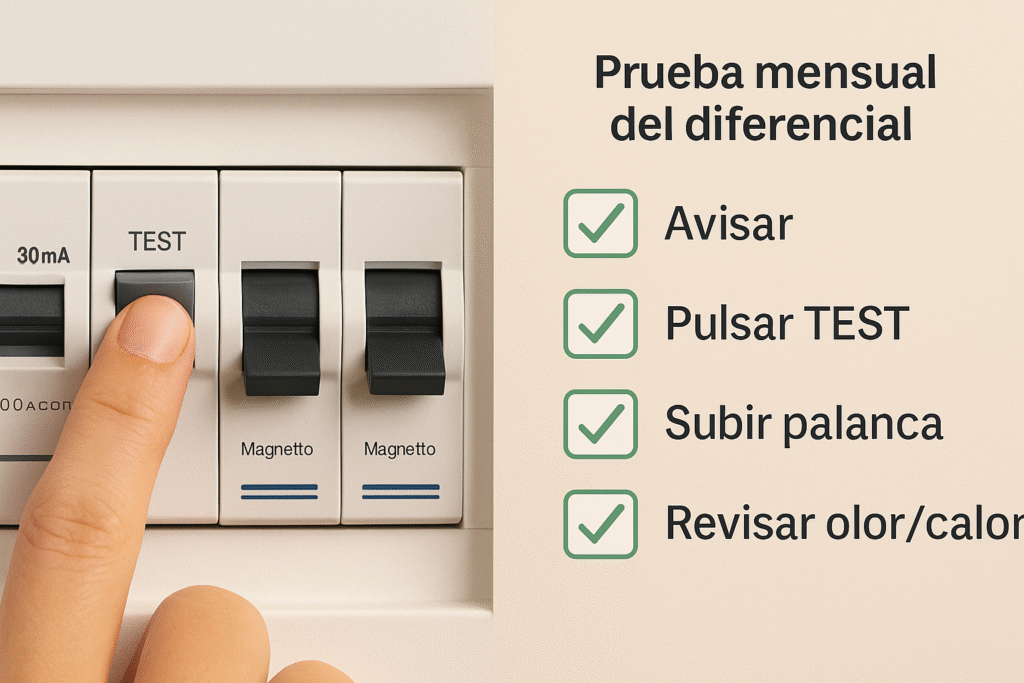 Prueba mensual del diferencial (botón TEST) y revisión visual segura