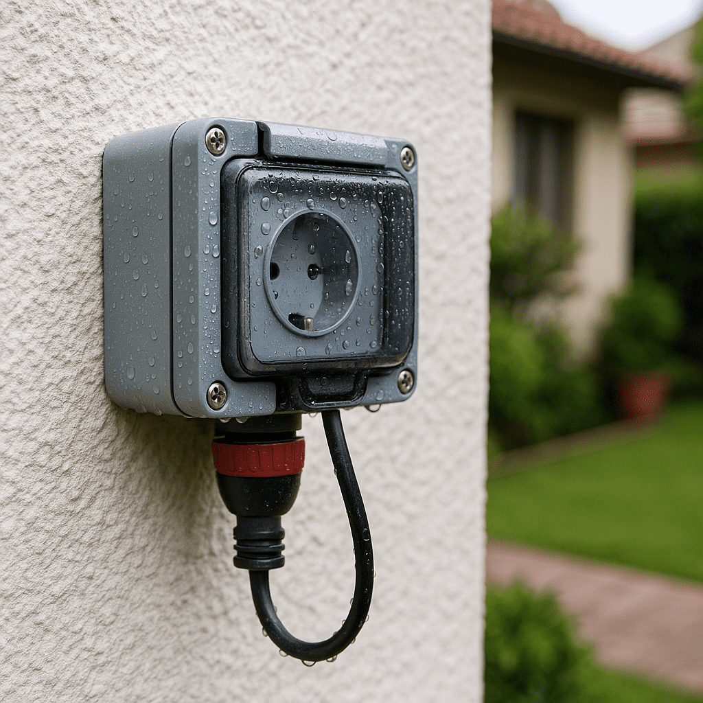 Tomacorriente exterior IP65 montado en muro estucado, con tapa transparente y gotas de lluvia; cable entra por prensaestopa con curva de goteo, jardín de fondo.
