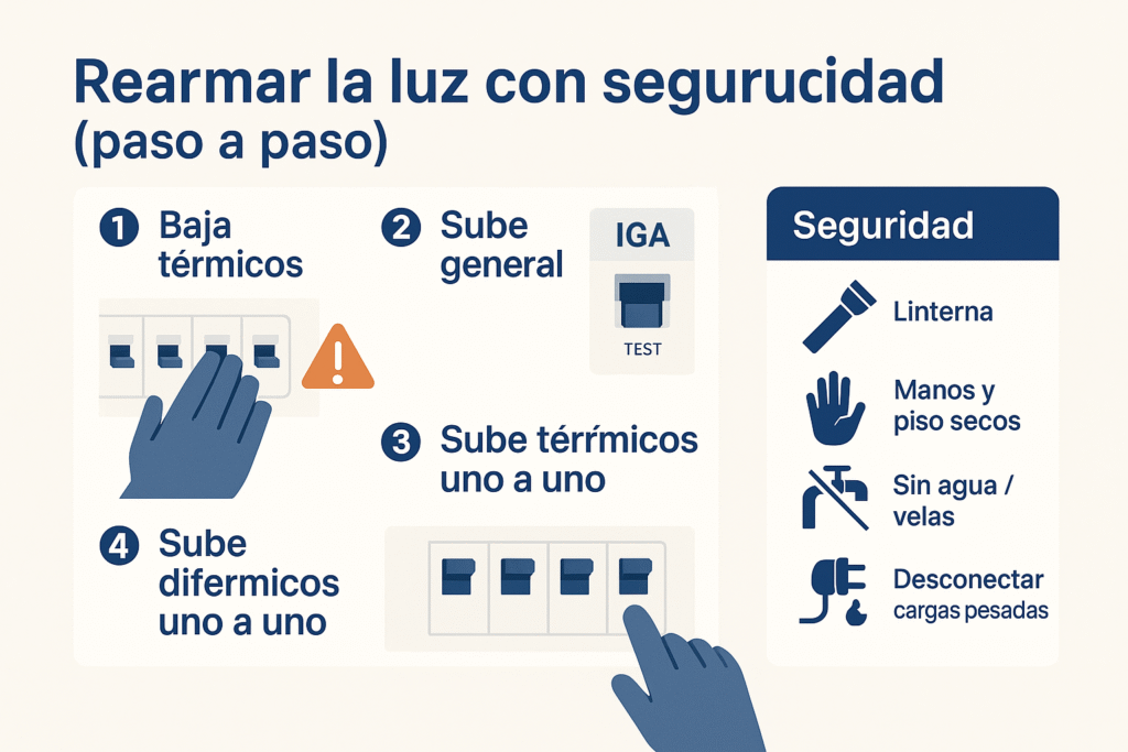 Antes de tocar el tablero domiciliario, confirma que no hay agua, humo, chispas ni olor a quemado. Si detectas cualquiera de estos signos, no rearmes y llama a un profesional.
