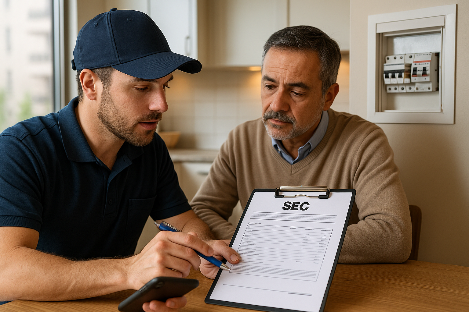 “Electricista en Santiago explicando al dueño de casa el trámite de regularización ante la SEC, con tablero abierto visible al fondo y formulario sobre una carpeta en la mesa.