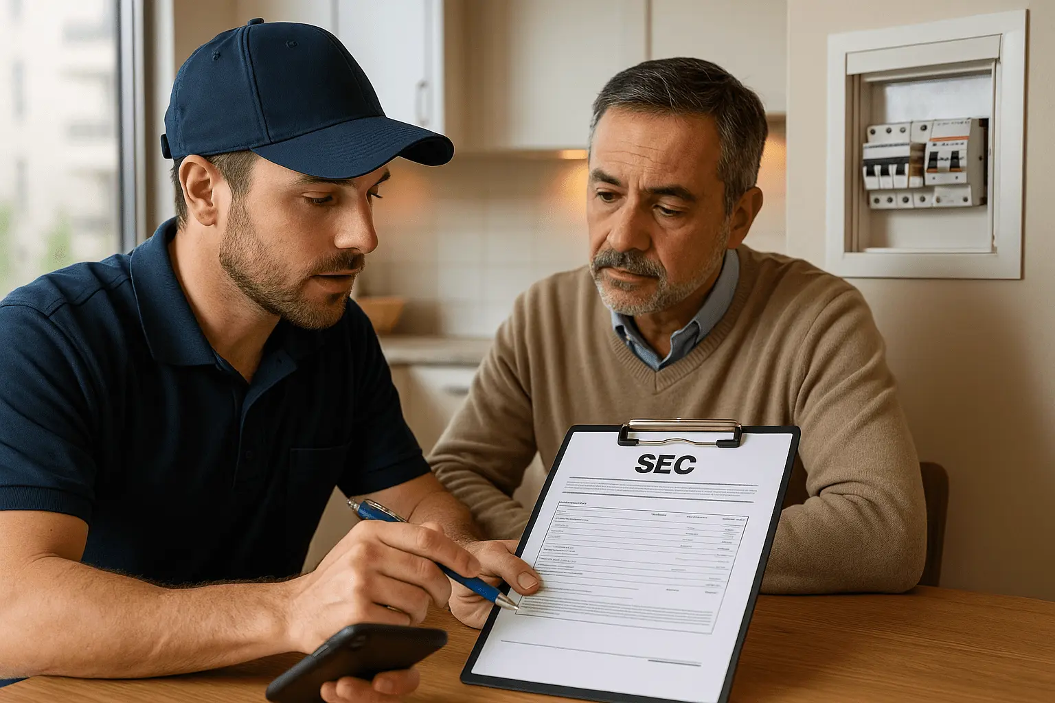 “Electricista en Santiago explicando al dueño de casa el trámite de regularización ante la SEC, con tablero abierto visible al fondo y formulario sobre una carpeta en la mesa.