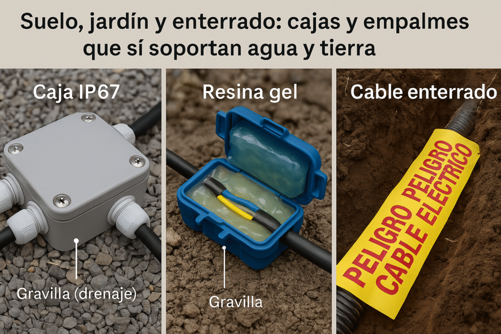 Suelo, jardín y enterrado: cajas y empalmes que sí soportan agua y tierra